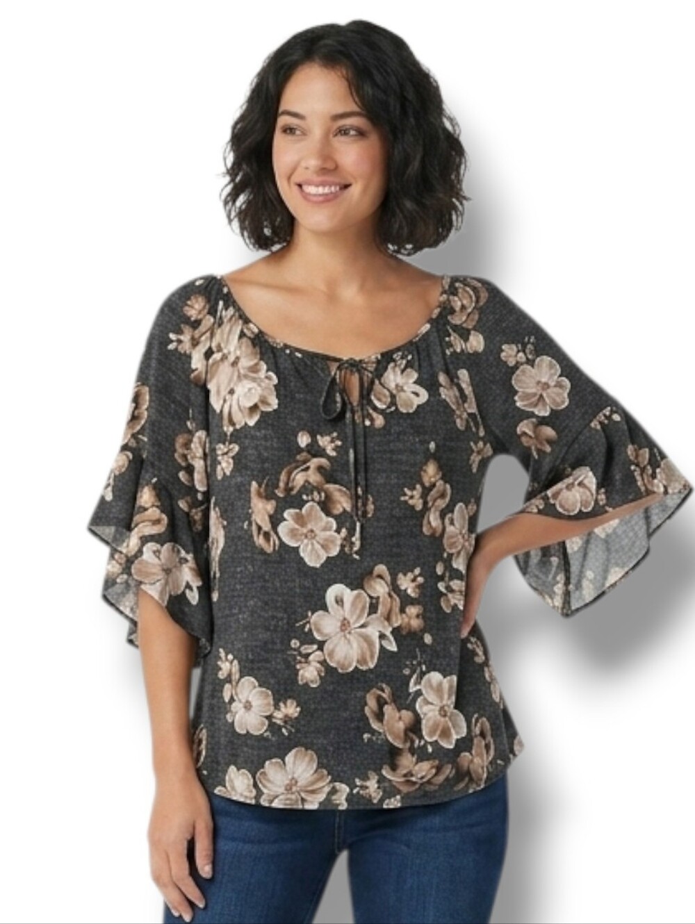 EXPRESSO Floral Flutter Sleeve Lace-Up Blouse XL – Black Beige Stretchy Top
